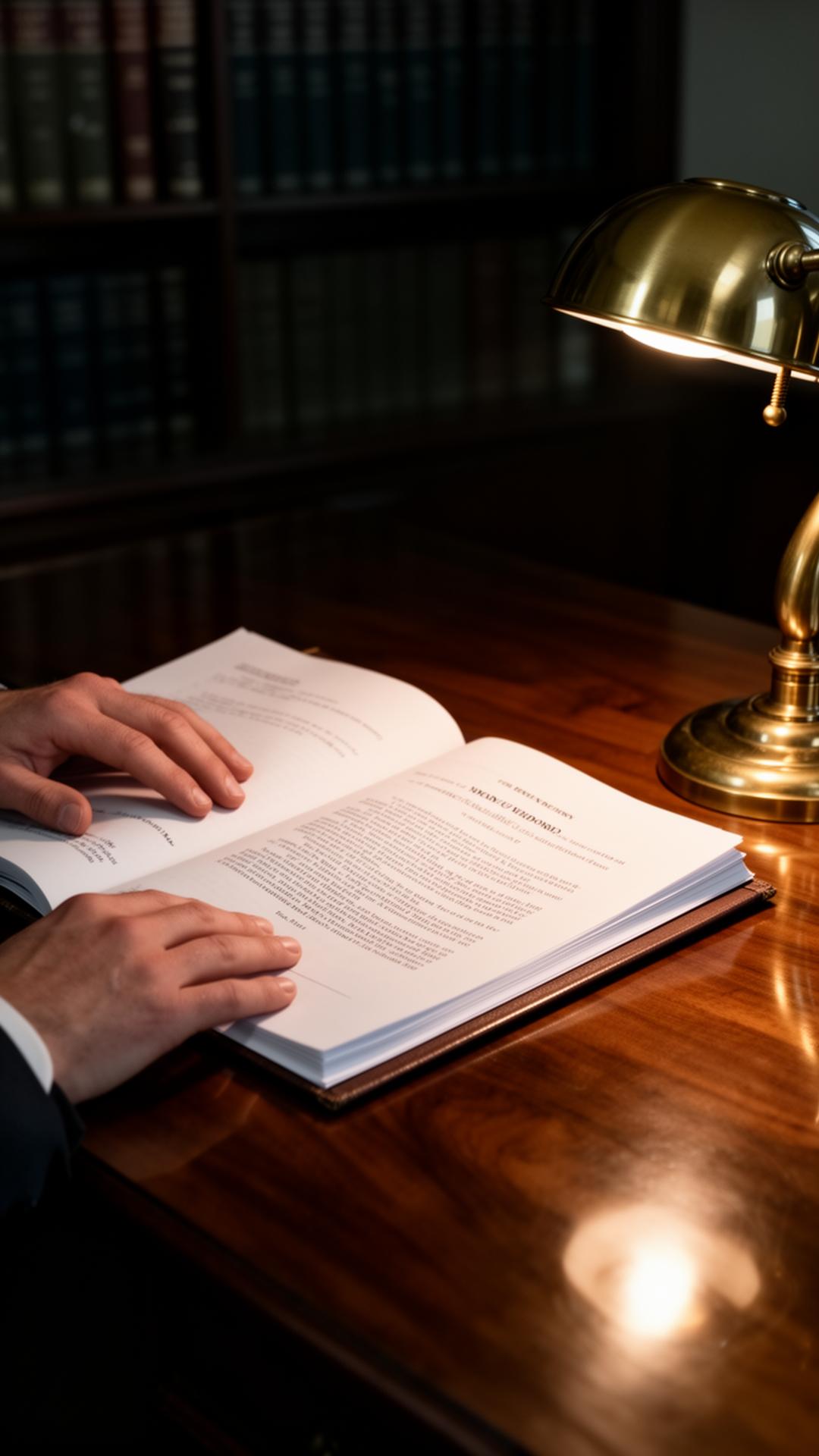 Attorney reviewing case files at a polished desk under a brass lamp